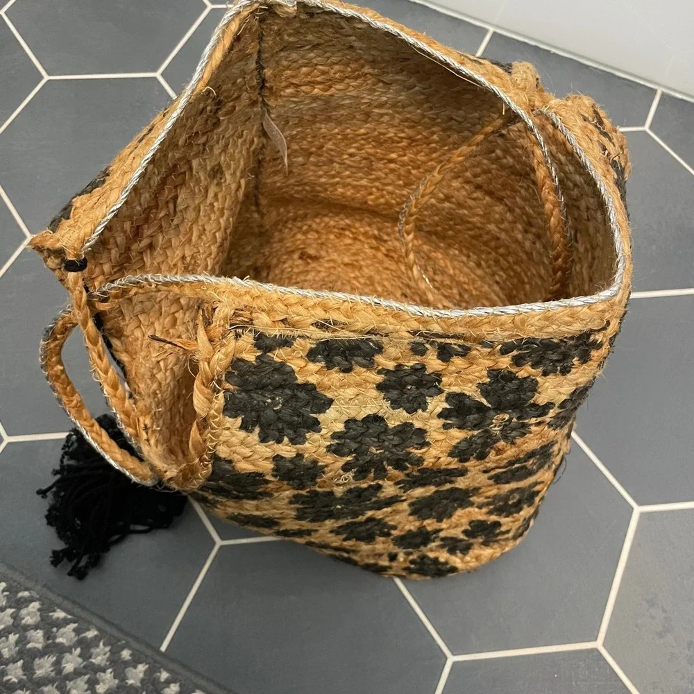 Jute Tote Bag Black Floral Print Tassel Shell Detail Woven Basket‎ Boho Beach